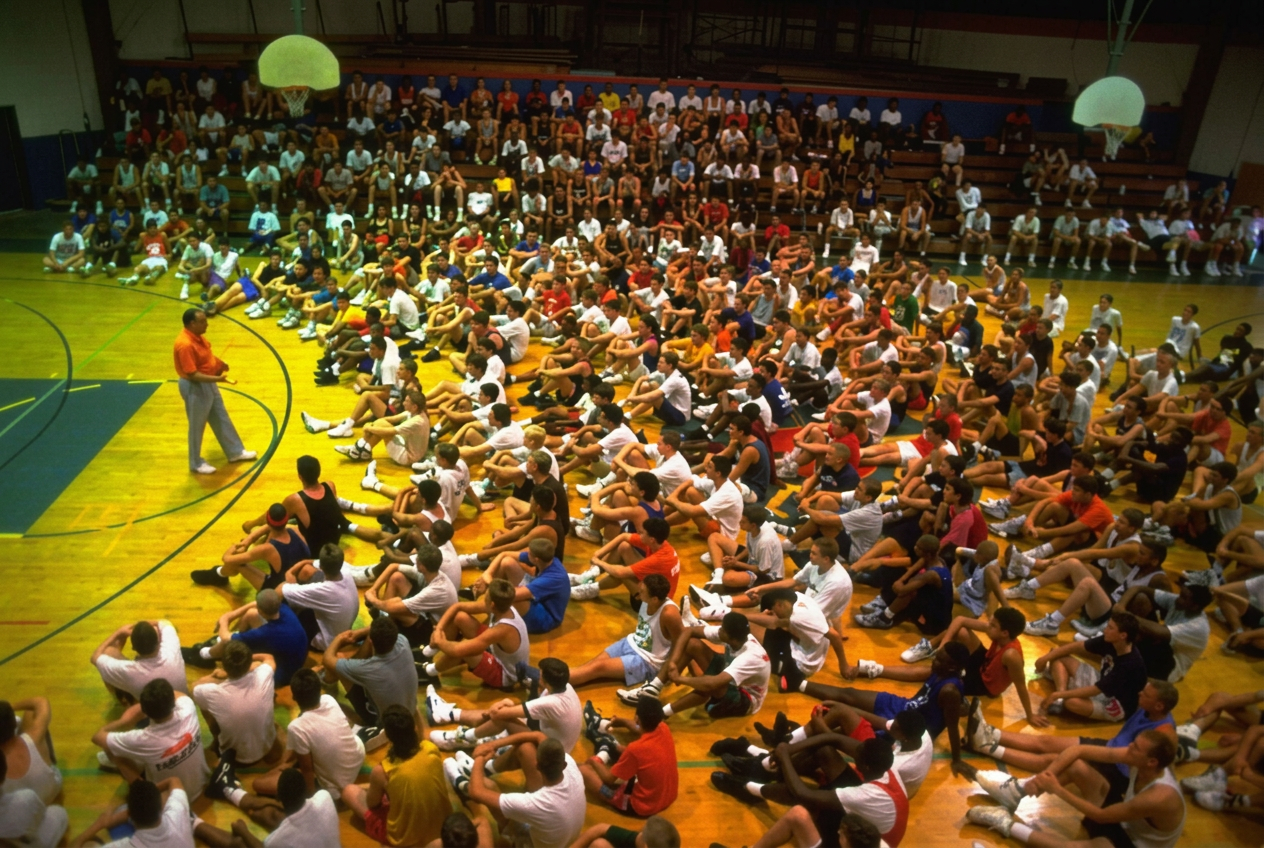 A coach addressing a full gym of athletes seated on the court at the camp
