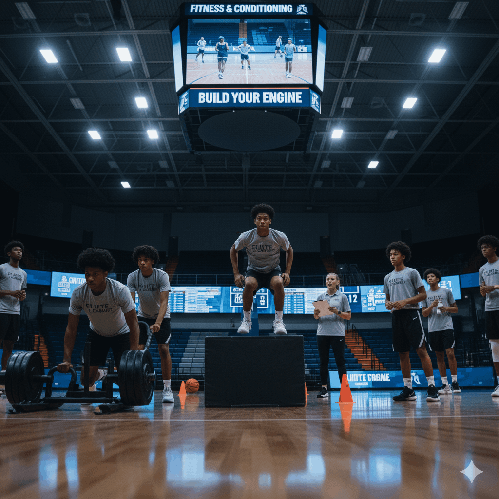 Athletes in a fitness and conditioning session in the arena
