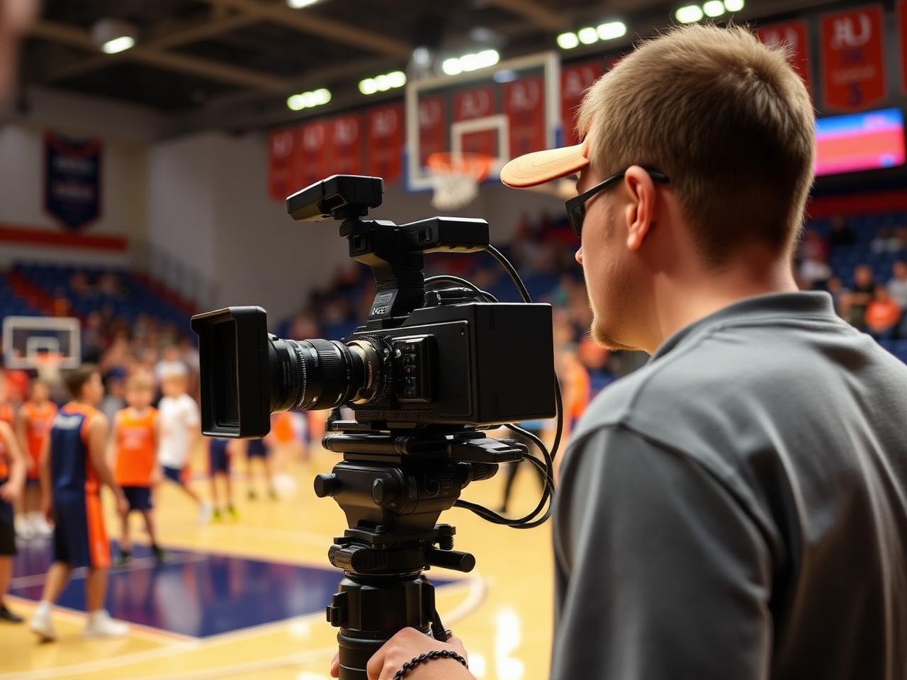 Production team filming courtside